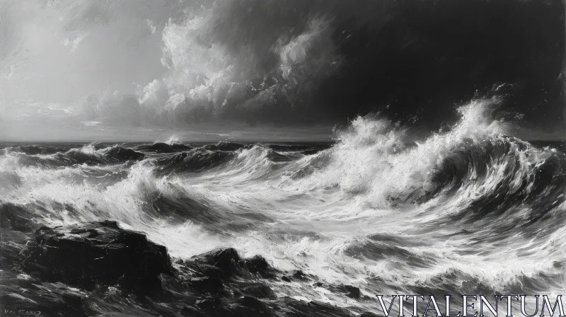 Black and White Painting of a Rough Sea with Crashing Waves AI Image