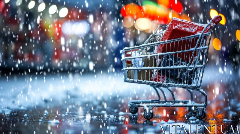 Christmas Shopping Cart with Presents in Snowy Parking Lot AI Image