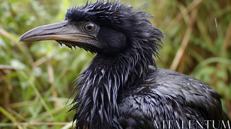 Close-up of a Black Cormorant in a Green Bush AI Image