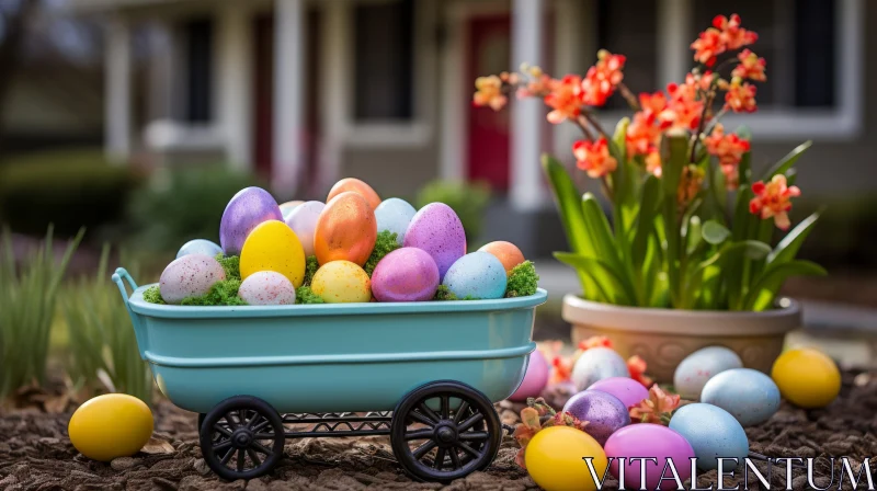 Colorful Easter Eggs in Wheelbarrow - Festive Outdoor Scene AI Image