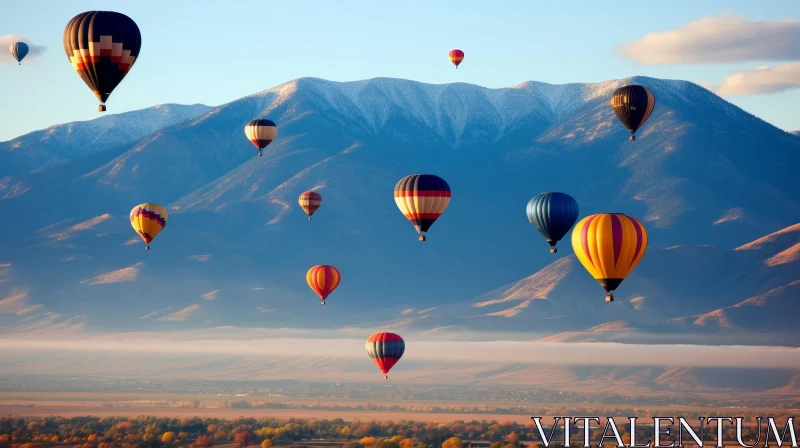 Colorful Hot Air Balloons Over Snow-Capped Mountains AI Image