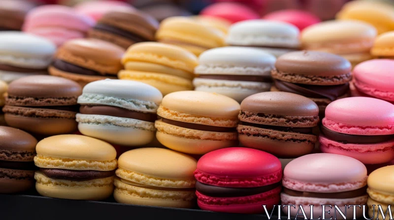 Colorful Macarons Display - Sweet Delights in Rows AI Image