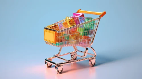 Colorful Presents in 3D Shopping Cart on Blue Background