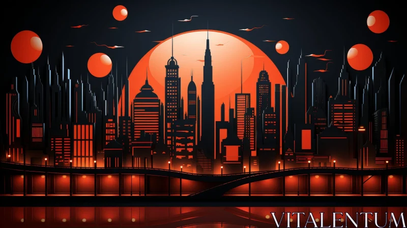 Dark Futuristic Cityscape with Red Moon AI Image