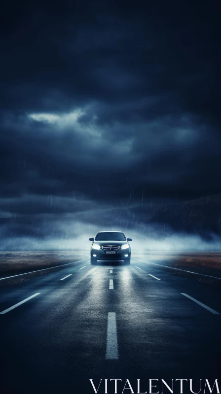 Dark Night Drive: Black Car on Wet Road in Forest AI Image