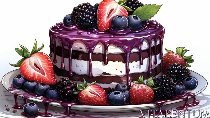 AI ART Delicious Three-Layer Cake with Berries