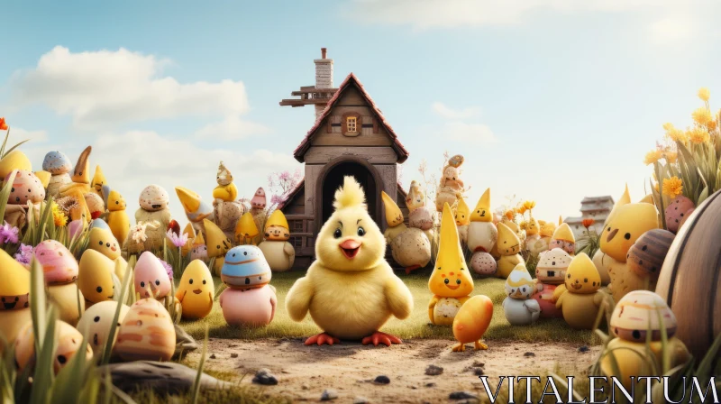 Easter Celebrations: Bunny, Chickens and Pigs in a Rural Setting AI Image