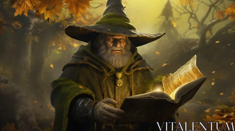 Enchanted Wizard Reading Book in Mystical Forest AI Image