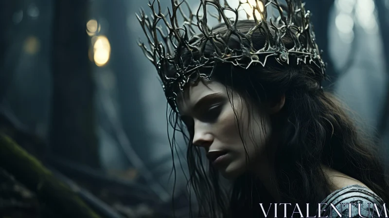 Enigmatic Woman in Dark Forest with Antler Crown AI Image
