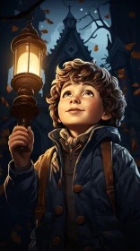 Enigmatic Young Boy with Lantern in Dark Forest