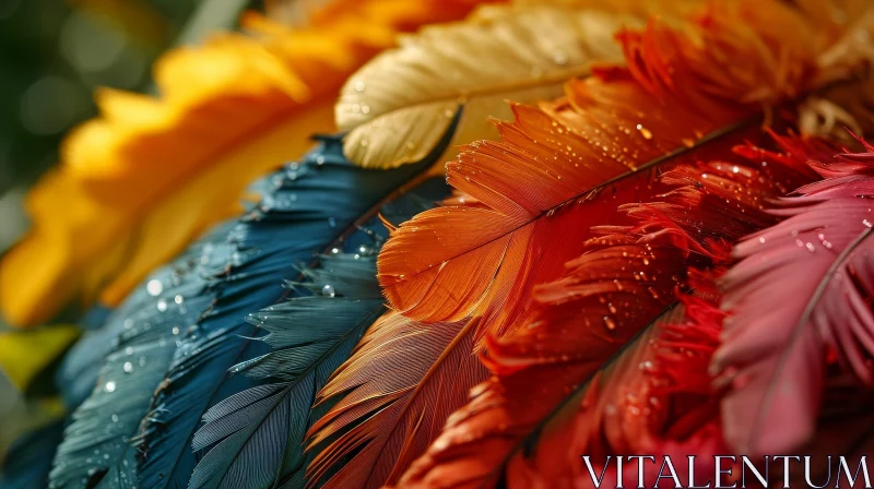 Feathers Close-Up: Colorful Texture and Water Droplets AI Image