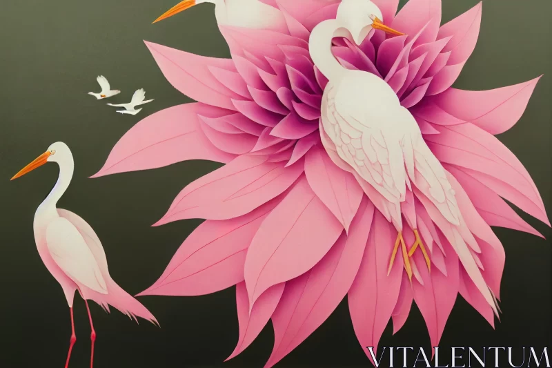 Majestic White Crane on Pink Flower - Intricate Cut-out Style Painting AI Image