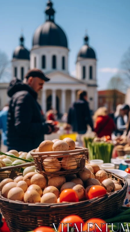 Outdoor Vegetable Market in Urban Setting with Neoclassical Church AI Image