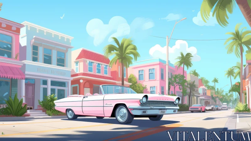 Pink Cadillac Convertible in Tropical City AI Image