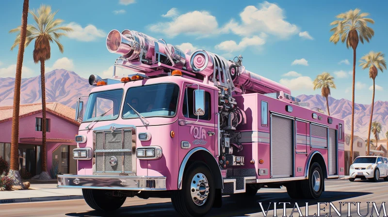 Pink Fire Truck on Street with Mountains and Palm Trees AI Image