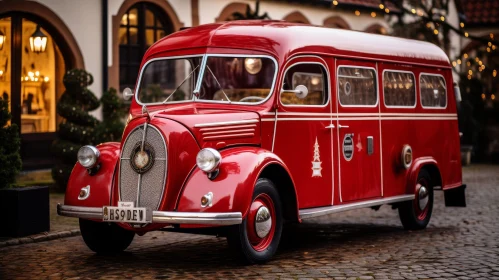 Red Vintage Bus on Cobblestone Street