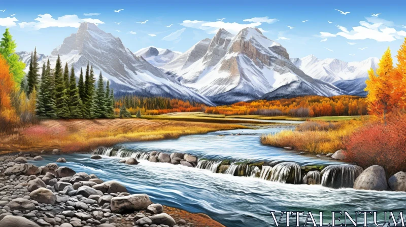 Serene Mountain Landscape Painting in Fall AI Image