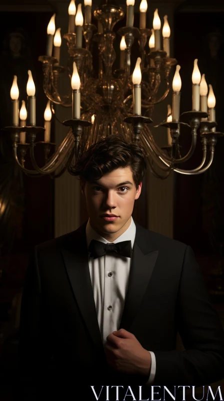 Serious Young Man in Black Tuxedo Standing in Front of Chandelier AI Image