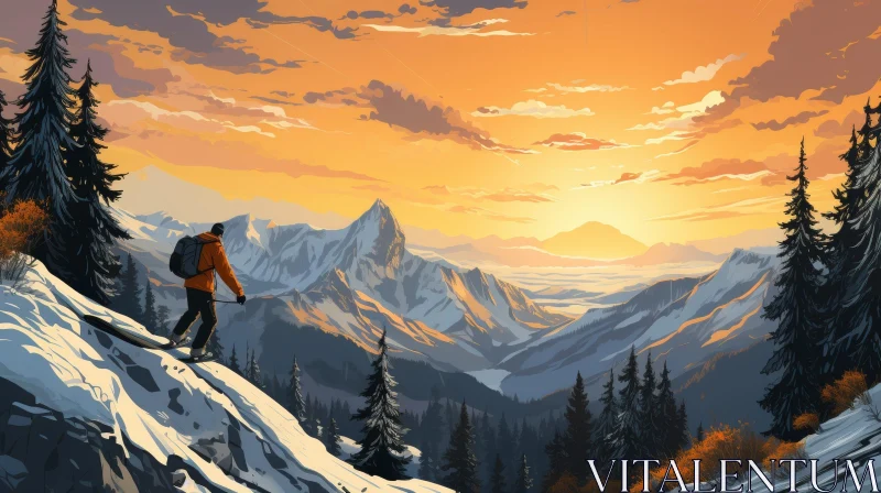 Skiing at Sunset on a Mountain Peak AI Image