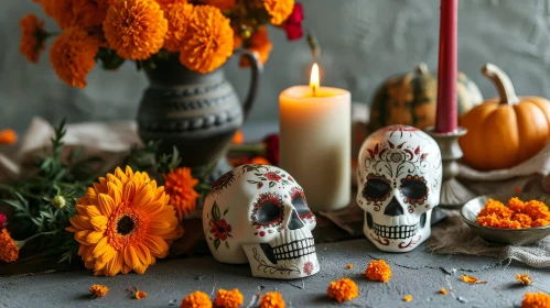 Skull and Orange Flowers Still Life Composition