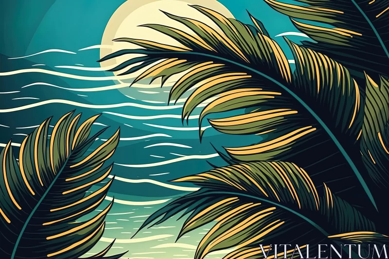 Tropical Palm Leaves by the Sea: Bold Cartoonish Lithograph Design AI Image