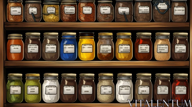 Unique Wooden Shelf with Colorful Spice Jars and Bottles AI Image