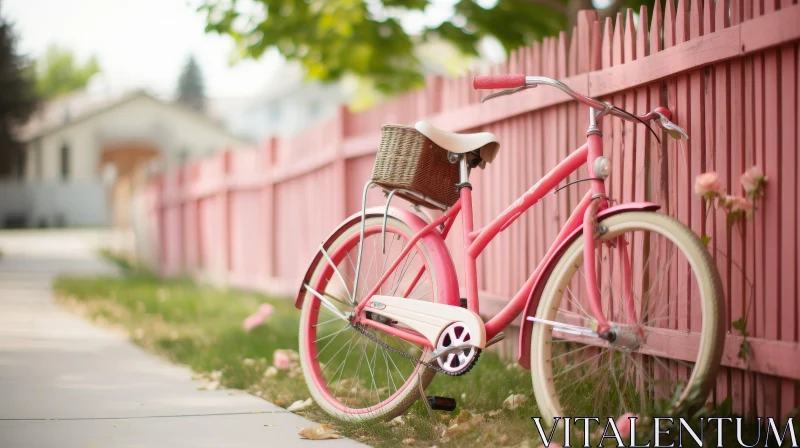 AI ART Vintage Pink Bicycle with Basket Leaning on Pink Picket Fence