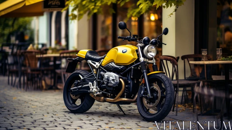 AI ART Vintage Yellow Retro Motorcycle on Cobblestone Street