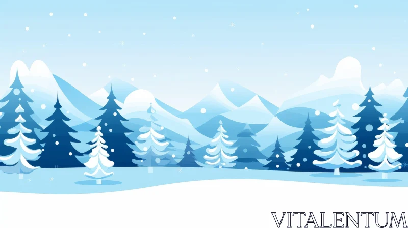 AI ART Winter Landscape with Snow-Capped Mountains and Trees