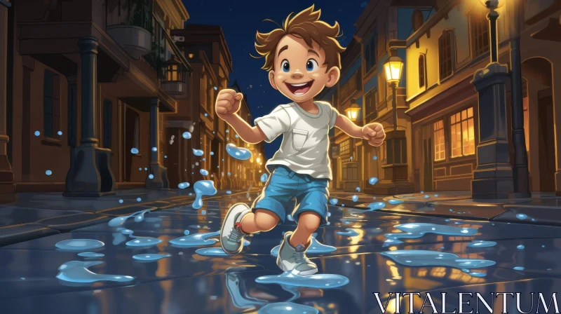 Boy Running in Rainy Street Cartoon Illustration AI Image