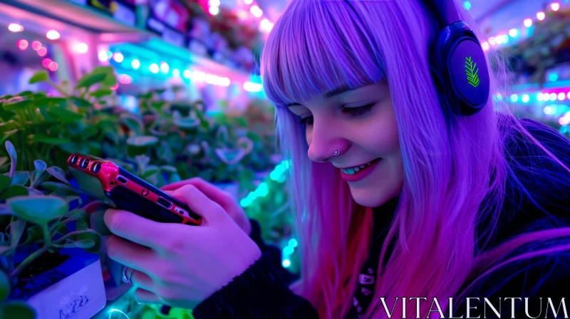 Captivating Image of a Young Woman with Purple Hair and Headphones AI Image