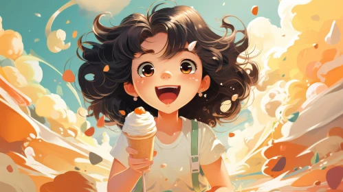 Cheerful Young Girl Cartoon with Ice Cream Cone
