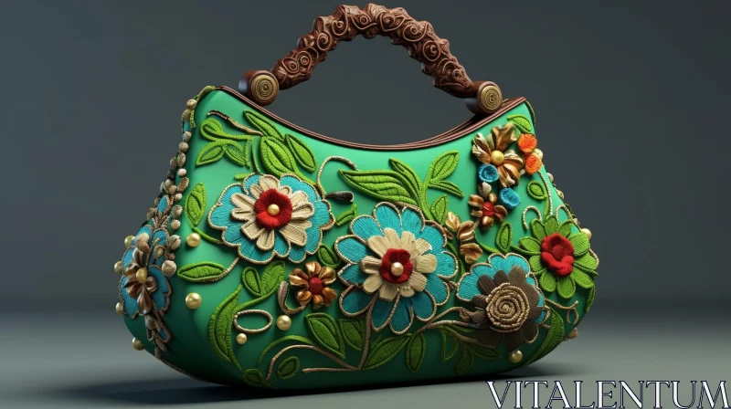 AI ART Chic Green Handbag with Floral Embroidery