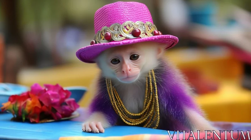 Curious Baby Monkey in Pink Hat and Purple Coat AI Image