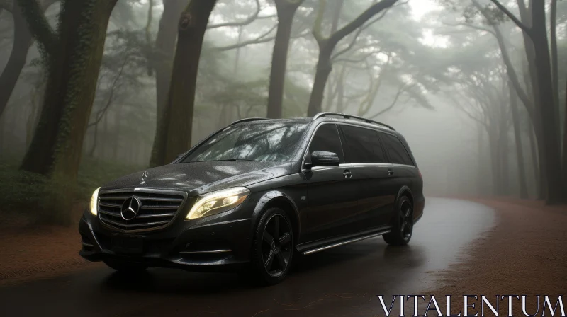 Dark Gray Mercedes-Benz SUV Driving in Foggy Forest AI Image