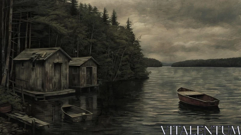 Dark Moody Lake Painting with Wooden Cabins AI Image
