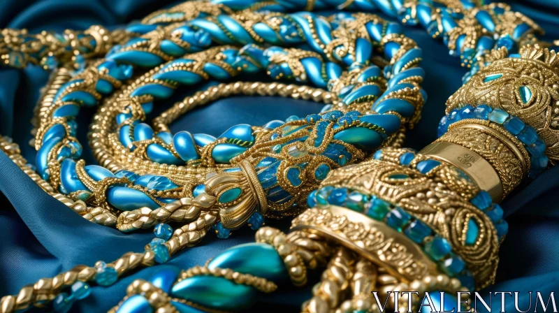 Delicate Gold and Blue Necklace | Intricately Woven | Luxurious Jewelry AI Image