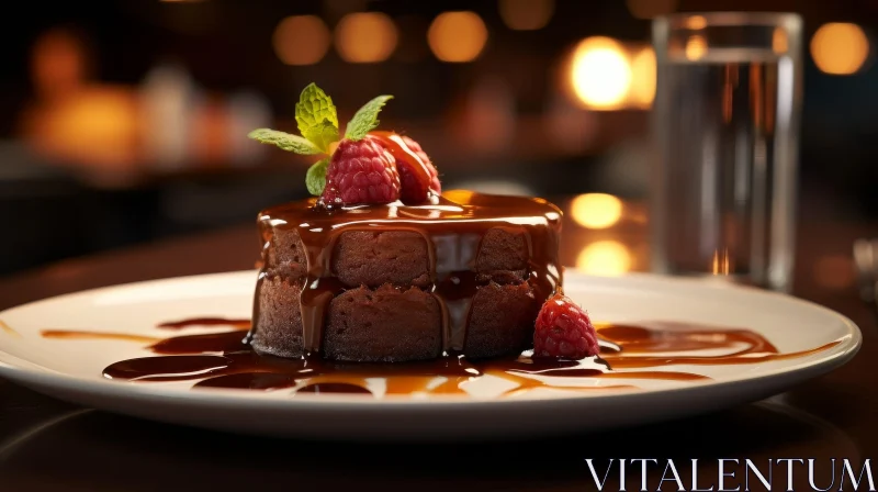 Delicious Chocolate Cake with Raspberries and Chocolate Sauce AI Image