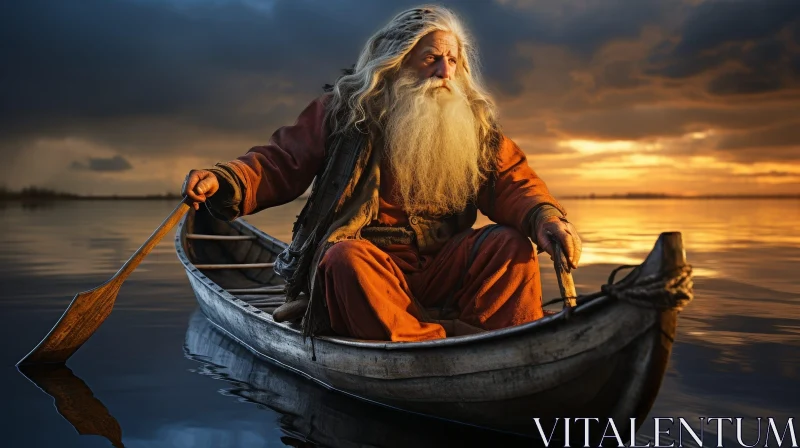 Elderly Man in Boat at Sunset on Lake AI Image