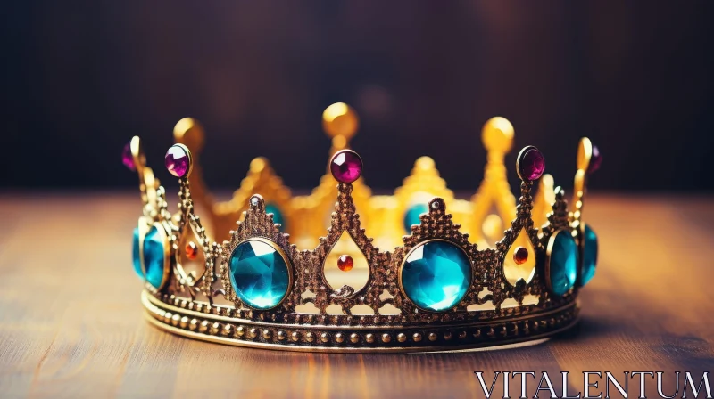 Exquisite Golden Crown with Blue and Red Gems on Wooden Surface AI Image