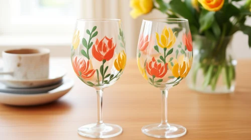 Hand-colored Wine Glasses with Folk-inspired Floral Designs