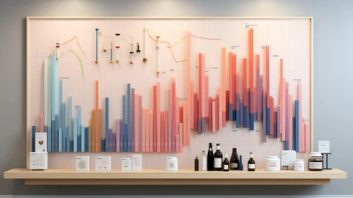 Intricate 3D Data Visualization on Wall with Colorful Bars and Lines