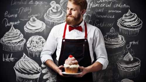 Man with Cupcake Plate and Blackboard