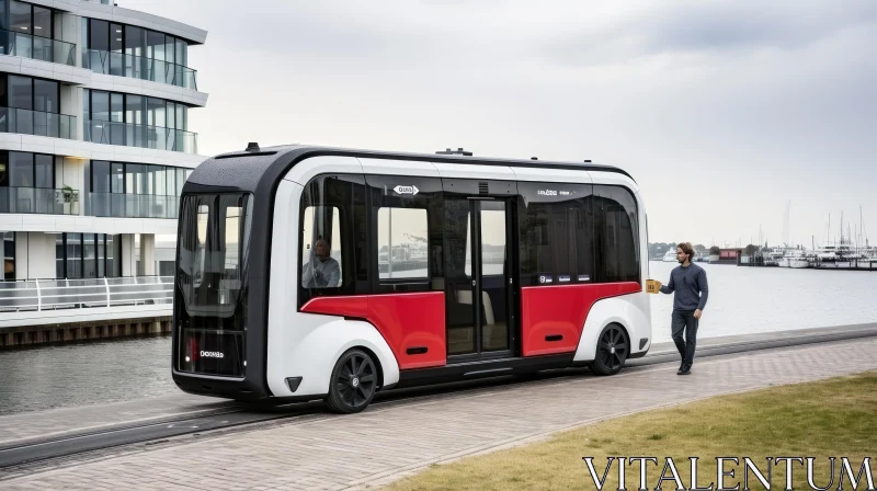 Modern Driverless Bus on a Road Next to Water AI Image
