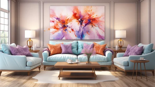 Modern Living Room Interior with Blue Sofa and Abstract Painting