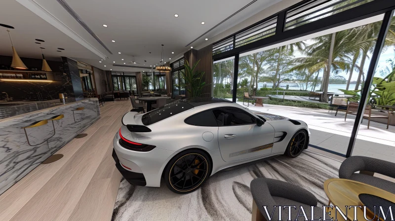 Modern Living Room with White Porsche 911 GT3 RS AI Image