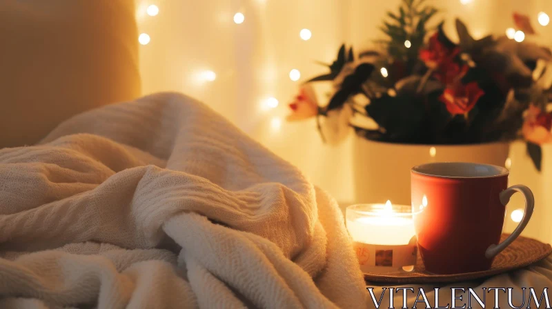 Peaceful Home Interior with Cozy Blanket and Candle AI Image