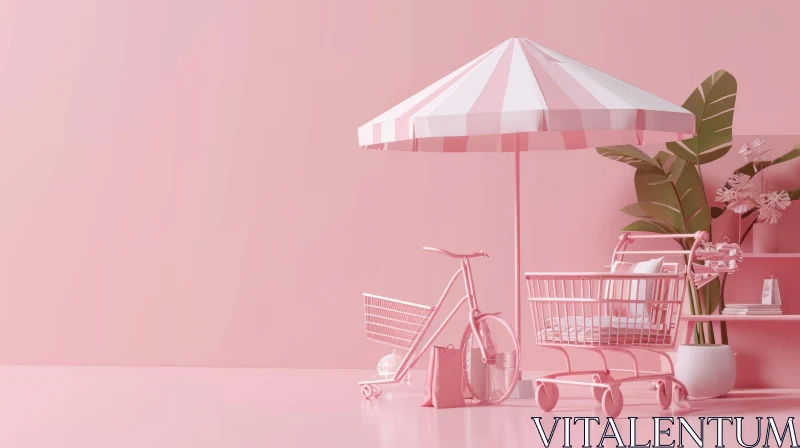 Pink Shopping Cart with Bicycle and Umbrella on Pink Background AI Image