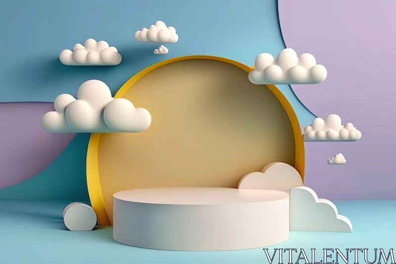 Playful 3D Stage Set with Vibrant Clouds and Balloons AI Image