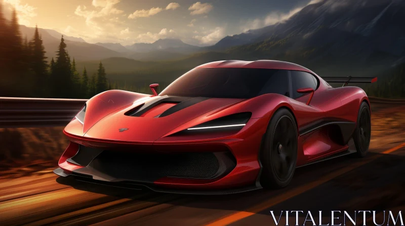 Red Sports Car Driving in Mountains AI Image